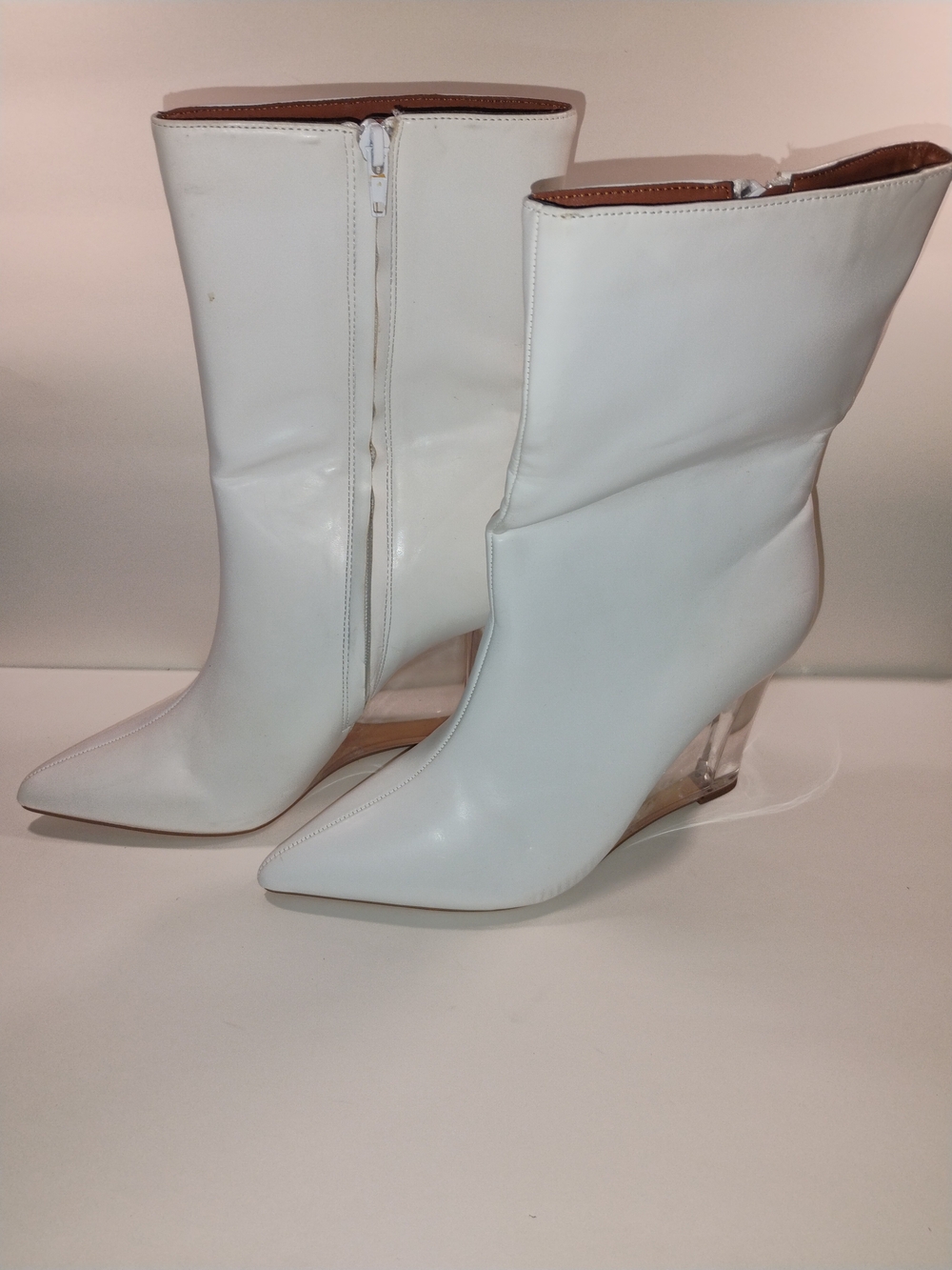 Women's White Pointed-Toe Mid-Calf Boots with Clear Wedge Heel